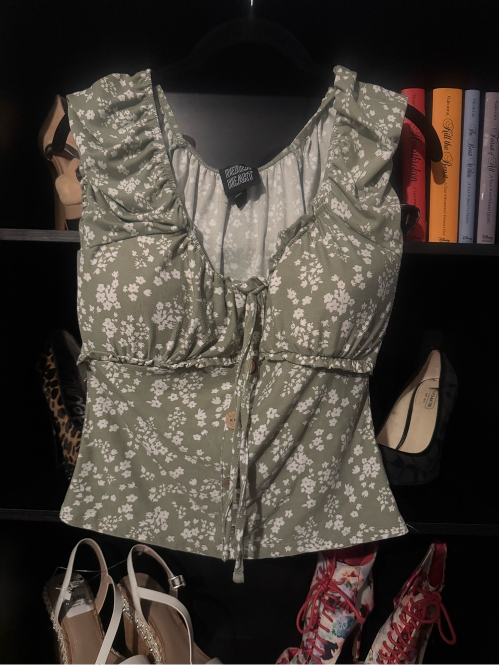 Derek Heart Olive Green Floral Ruffle Tie-Front Camisole